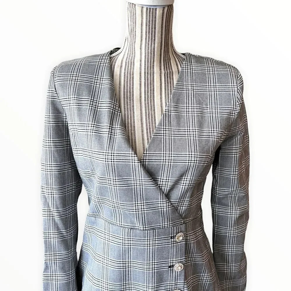 ZARA Black Gray Plaid Tailored Blazer Mini Dress S M NWT - Picture 6 of 12